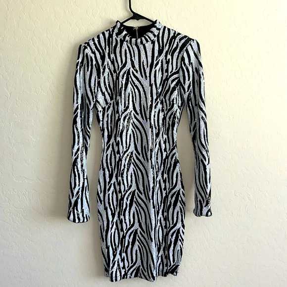 Sequin Zebra Print Long Sleeve Mini Dress - Picture 1 of 4
